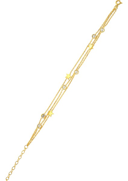 Altın Kaplamalı 925 Ayar Gümüş Yıldızlı ve Taşlı Üç Zincirli Bileklik - B080701 indirimleri