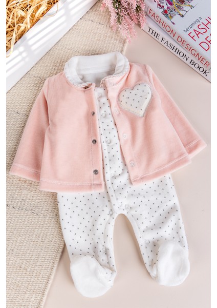 Hırkalı Bebe Yaka 2'li Kadife Kışlık Kız Bebek Tulum Set