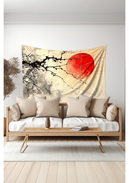 Kırmızı Ay ve Dallar Desenli Duvar Halısı Duvar Örtüsü Tapestry Süet Dokulu Kumaş