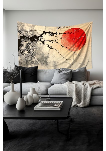 Kırmızı Ay ve Dallar Desenli Duvar Halısı Duvar Örtüsü Tapestry Süet Dokulu Kumaş fiyatları