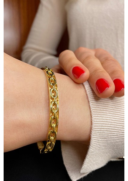 18K Altın Kaplamalı 925 Ayar Gümüş Tasarım Kelepçe Bileklik - 45102001