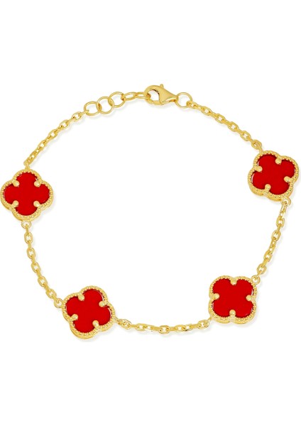 14K Altın Kaplamalı 925 Ayar Gümüş Granada Saray Yoncası Bileklik - Kırmızı 45103001