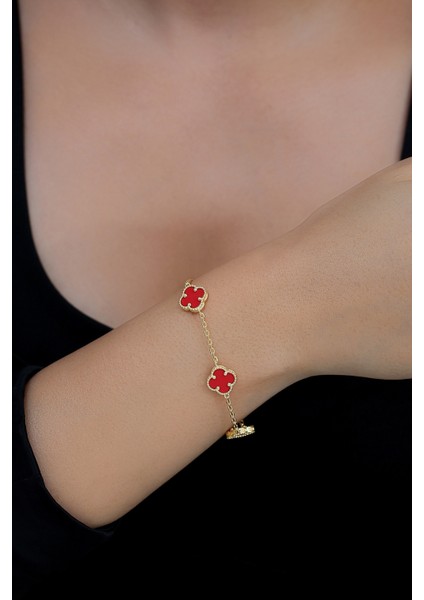 14K Altın Kaplamalı 925 Ayar Gümüş Granada Saray Yoncası Bileklik - Kırmızı 45103001 fiyatları