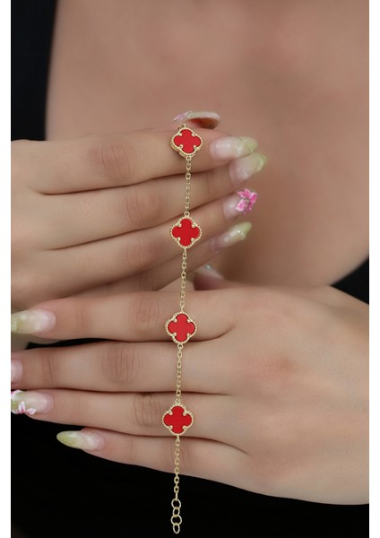 14K Altın Kaplamalı 925 Ayar Gümüş Granada Saray Yoncası Bileklik - Kırmızı 45103001 modelleri