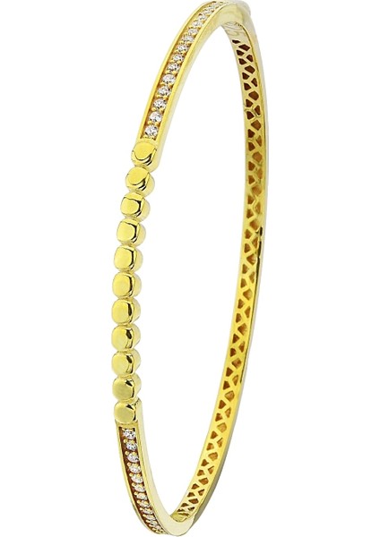 18K Altın Kaplamalı 925 Ayar Gümüş Zirkon Taşlı Kelepçe Bileklik - 45101601