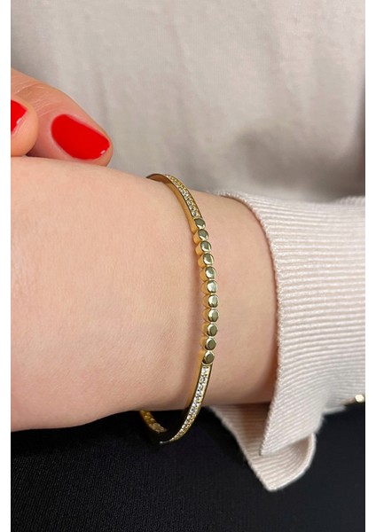 18K Altın Kaplamalı 925 Ayar Gümüş Zirkon Taşlı Kelepçe Bileklik - 45101601 fiyatları