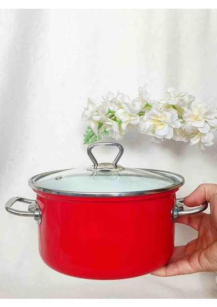 Kırmızı Emaye Tencere 3,4 Litre 22 cm Çap Krom Detaylı Süt Yoğurt Çorba Tenceresi