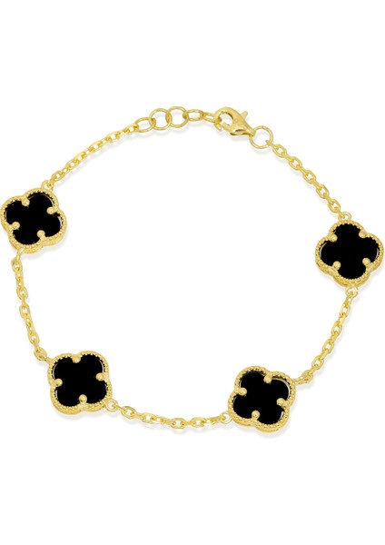 14K Altın Kaplamalı 925 Ayar Gümüş Granada Saray Yoncası Bileklik - Siyah 45103002