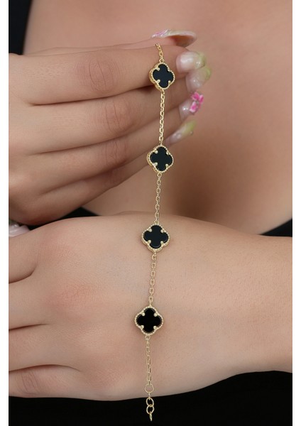 14K Altın Kaplamalı 925 Ayar Gümüş Granada Saray Yoncası Bileklik - Siyah 45103002 modelleri