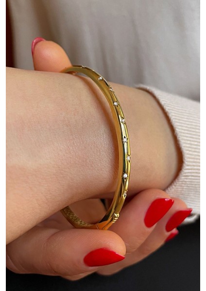 18K Altın Kaplamalı 925 Ayar Gümüş Yıldız Figürlü Kelepçe Bileklik - 45101201 fiyatları