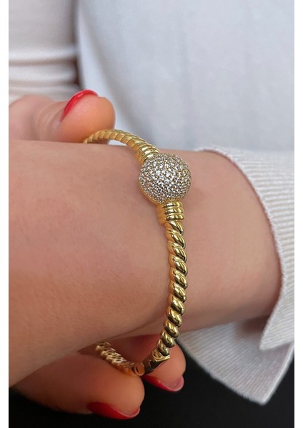 18K Altın Kaplamalı 925 Ayar Gümüş Zirkon Taşlı Burgu Kelepçe Bileklik - 45101701