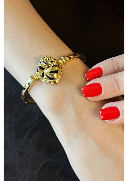 18K Altın Kaplamalı 925 Ayar Gümüş Panter Figürlü Kelepçe Bileklik modelleri