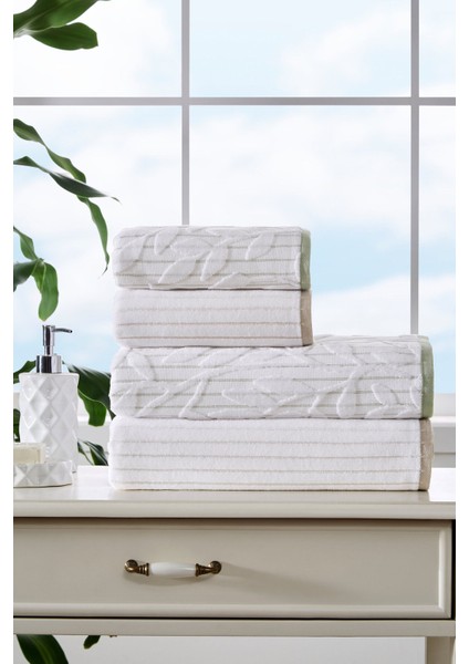 Leaf Stripe Kadife Aile Seti Bej-Yeşil modelleri