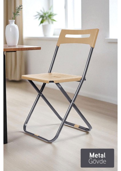 Safran Katlanabilir Metal Gövdeli Sandalye Katlanır Mutfak Bahçe Kamp Sandalyesi Krem 1 Adet