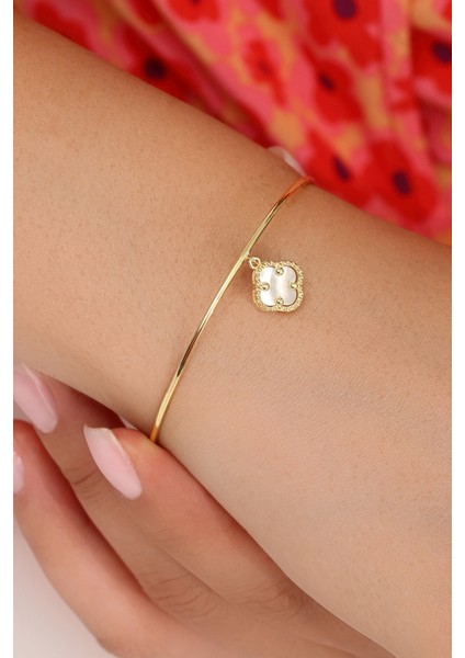 14K Altın Kaplamalı 925 Ayar Gümüş Granada Saray Yoncası Tel Bileklik - Beyaz 45103103 modelleri