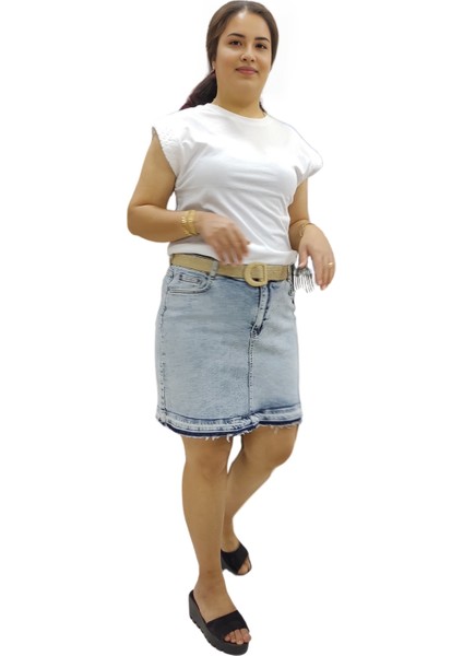 Buz Mavisi Hasır Kemerli Midi Boy Likralı Kısa Kot Etek