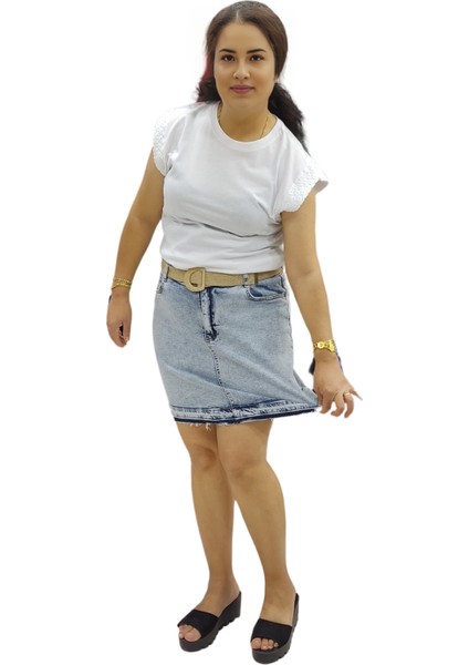 Buz Mavisi Hasır Kemerli Midi Boy Likralı Kısa Kot Etek fırsatları