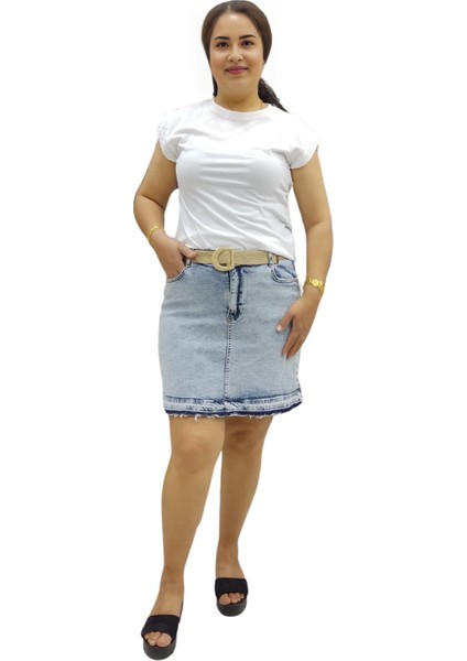 Buz Mavisi Hasır Kemerli Midi Boy Likralı Kısa Kot Etek indirimleri