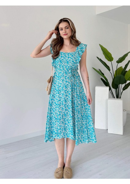 Kare Yaka Çiçek Desen Sırtı Gipeli Beli Lastikli ve Bağcıklı Midi Boy Viskon Elbise fiyatları