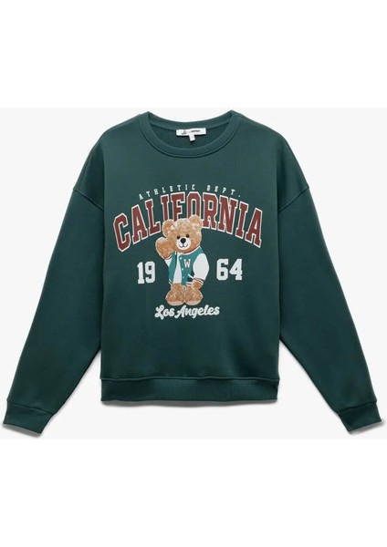 Ayıcık Baskılı Oversize Yeşil Kadın Sweatshirt 6WAL10234IK modelleri