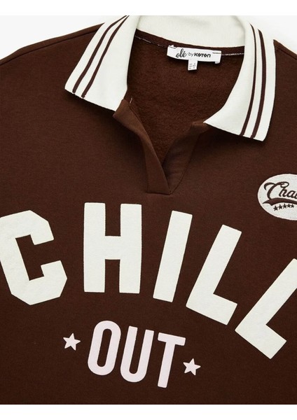 Baskılı Biyeli Oversize Polo Yaka Kahverengi Kadın Sweatshirt 6WAL10260IK indirimleri