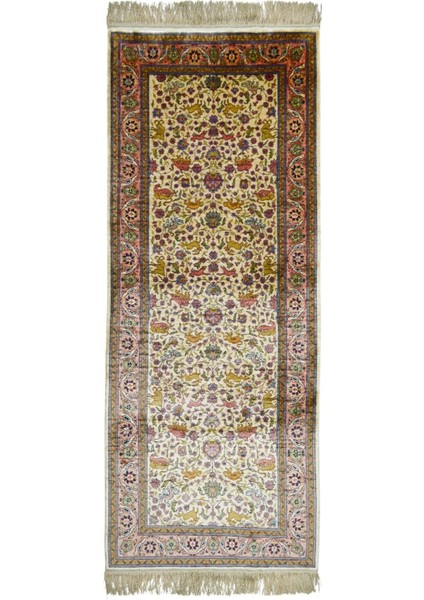 Saf Ipekten El Dokuma Krem & Pembe Renk Kayseri Halısı Yolluk 82X200 cm (1.64 M²)