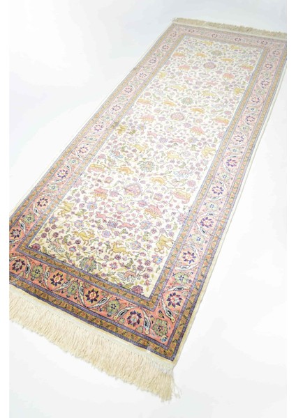 Saf Ipekten El Dokuma Krem & Pembe Renk Kayseri Halısı Yolluk 82X200 cm (1.64 M²) modelleri