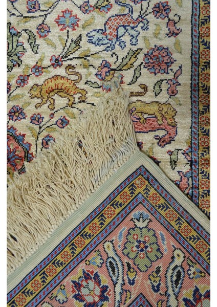 Saf Ipekten El Dokuma Krem & Pembe Renk Kayseri Halısı Yolluk 82X200 cm (1.64 M²)