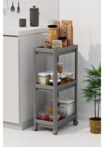 Mithra Life 3 Katlı Hazneli Tekerlekli Gri Mutfak Banyo Rafı Pg MIT1216