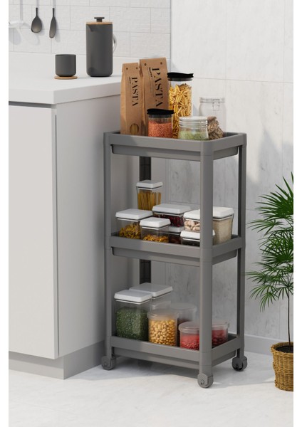 Mithra Life 3 Katlı Hazneli Tekerlekli Gri Mutfak Banyo Rafı Pg MIT1216 fiyatları