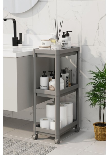 Mithra Life 3 Katlı Hazneli Tekerlekli Gri Mutfak Banyo Rafı Pg MIT1216 modelleri