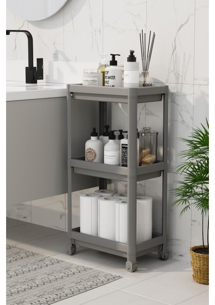 Mithra Life 3 Katlı Hazneli Tekerlekli Gri Mutfak Banyo Rafı Pg MIT1216 fırsatları