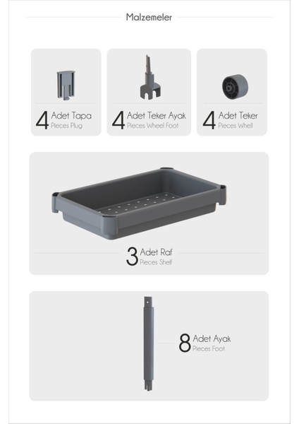 Mithra Life 3 Katlı Hazneli Tekerlekli Gri Mutfak Banyo Rafı Pg MIT1216 indirimleri