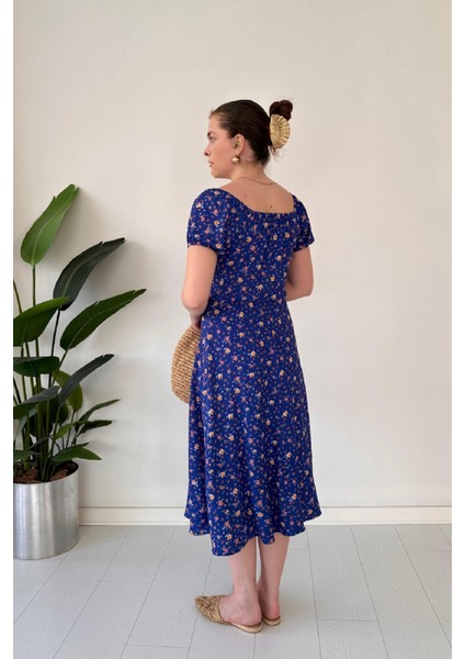Kayık Yaka Önü Bağlamalı Çiçek Desenli Göğüs Büzgülü Bürümcük Midi Elbise fiyatları