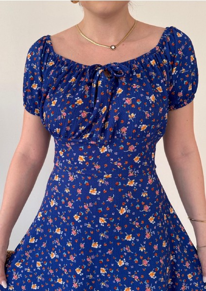 Kayık Yaka Önü Bağlamalı Çiçek Desenli Göğüs Büzgülü Bürümcük Midi Elbise modelleri