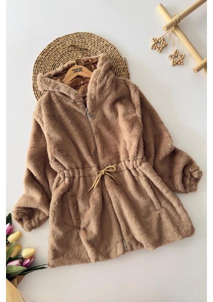 Belden Bağcık Detaylı Kapüşonlu Peluş Kız çocuk mont - Vizon