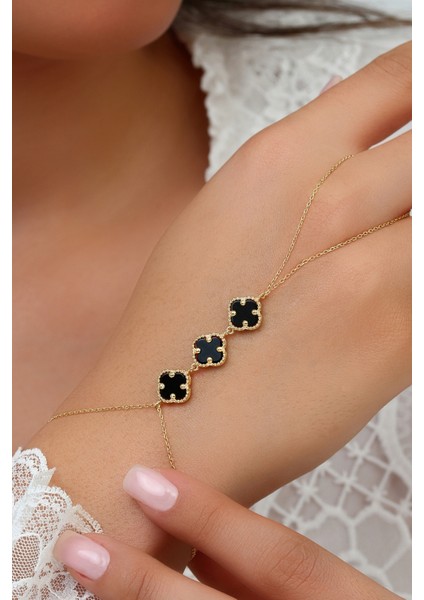 14K Altın Kaplamalı 925 Ayar Gümüş Granada Saray Yoncaları Şahmeran - Siyah Oniks 45103202