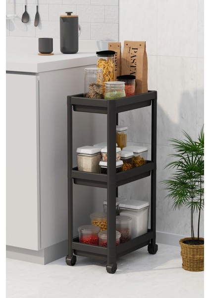 Mithra Life 3 Katlı Hazneli Tekerlekli Siyah Mutfak Banyo Rafı Pg MIT1215