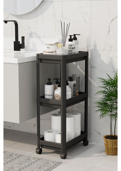 Mithra Life 3 Katlı Hazneli Tekerlekli Siyah Mutfak Banyo Rafı Pg MIT1215 modelleri
