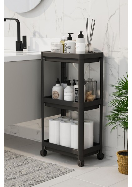 Mithra Life 3 Katlı Hazneli Tekerlekli Siyah Mutfak Banyo Rafı Pg MIT1215 fırsatları