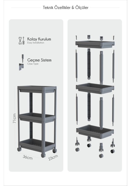 Mithra Life 3 Katlı Hazneli Tekerlekli Siyah Mutfak Banyo Rafı Pg MIT1215 indirimleri