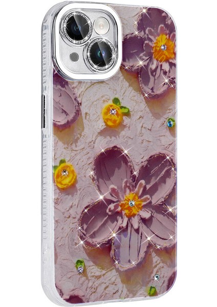 Apple iPhone 14 Kılıf Çiçek Desenli Parlak Taşlı Sert Silikon Mnc Garden Kapak-Mor modelleri