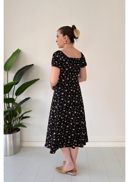 Kayık Yaka Önü Bağlamalı Çiçek Desenli Göğüs Büzgülü Bürümcük Midi Elbise fırsatları