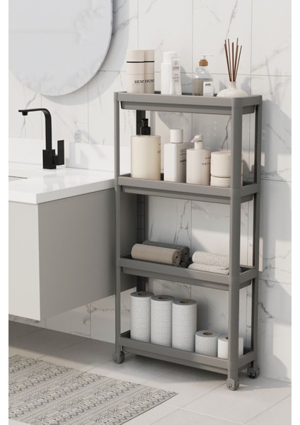 Mithra Life 4 Katlı Tekerlekli Slim Ince Gri Banyo Mutfak Rafı MIT1202