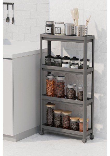 Mithra Life 4 Katlı Tekerlekli Slim Ince Gri Banyo Mutfak Rafı MIT1202 modelleri