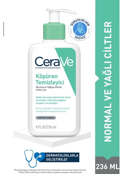 Yüz Temizleme Jeli 236 ml – Normal ve Yağlı Ciltler İçin, 3 Seramid ve Hyaluronik Asit ile Derin Temizlik