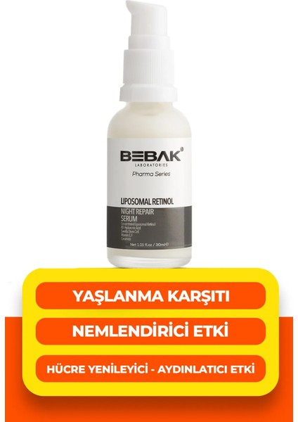 Pharma Lipozomal Retinol Gece Serumu 30 ml – Kırışıklık ve Yaşlanma Karşıtı, Hyalüronik Asit ve Seramid İçerikli, Tüm Cilt Tipleri İçin