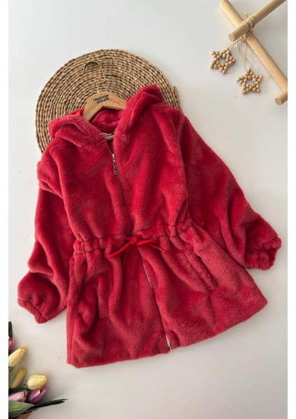 Belden Bağcık Detaylı Kapüşonlu Peluş Kız çocuk mont - Bordo