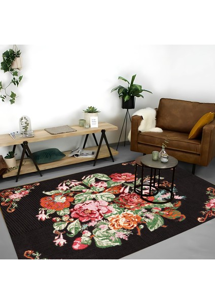 | Vintage Eskitme Tarz Otantik Minimalist Siyah-Turuncu-Yeşil | Yıkanabilir Halı
