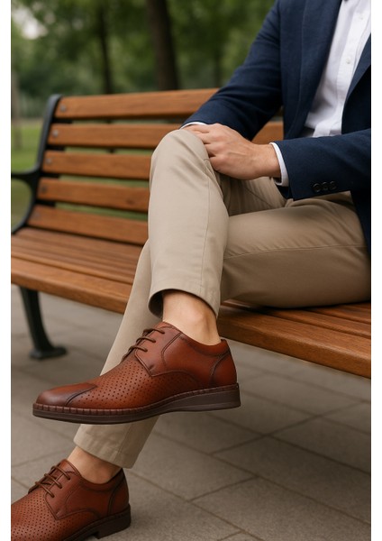 GR0372 Hakiki Deri Hafif Poli Taban Dikişli Aksesuarlı Delikli Günlük Espadril Tarz Kahverengi Erkek Ayakkabı